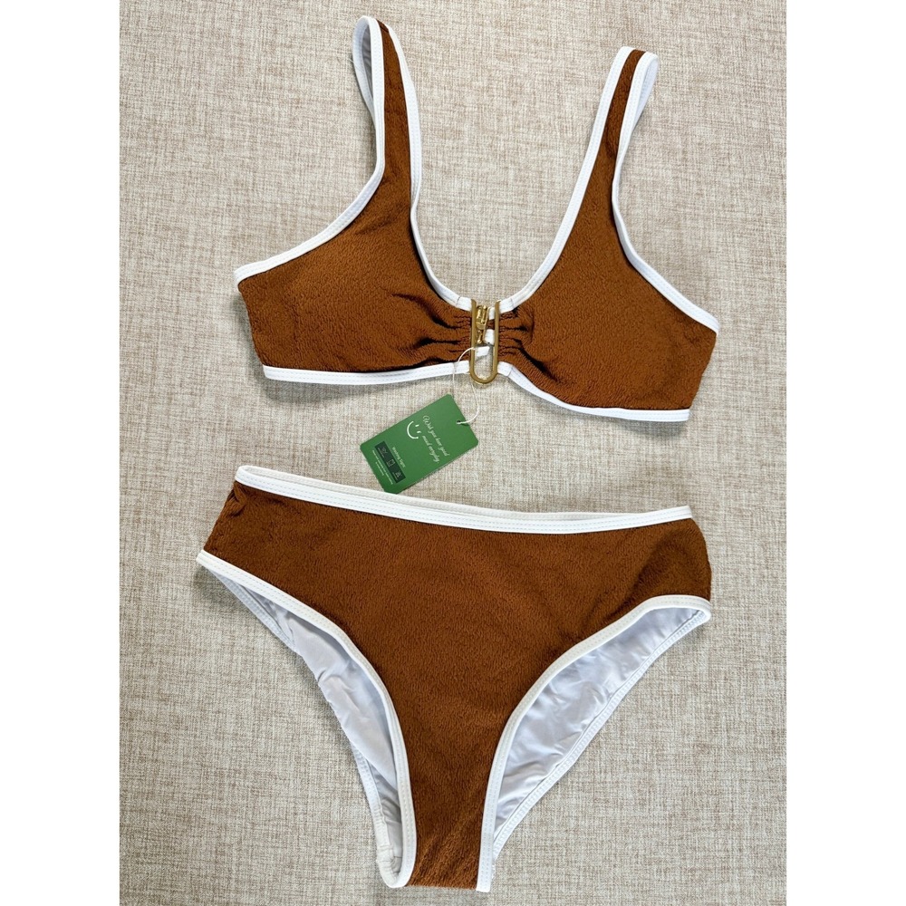 Swimall Women Brown Textured Sporty Bikini Set White Trim Gold Ring Small NEW